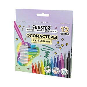 Фломастеры с блестками FUNSTER (ФАНСТЕР) "GLITTER" 12 цветов, ударопрочный наконечник, 152629 - фото 8274491