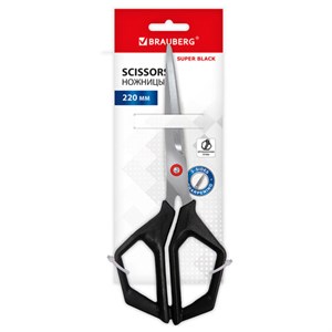 Ножницы BRAUBERG "Super black" 220 мм, черные, 3-сторонняя заточка, ручки из ABS-пластика, 238855 - фото 8274527