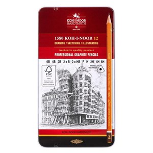 Карандаши чернографитные KOH-I-NOOR, НАБОР 12 шт., "Art" 6B-6H, без резинки, металлическая коробка, 1582012001PL - фото 8356332