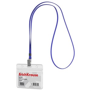 Бейдж горизонтальный ERICH KRAUSE (95х58 мм), корпус прозрачный из мягкого ПВХ, цвет ленты синий, 63708 - фото 8356392