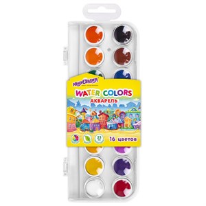 Краски акварельные ЮНЛАНДИЯ "ДОМИКИ" 16 цветов, круглые кюветы 23 мм, пенал, 192631 - фото 8554873