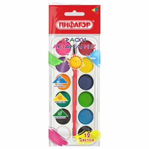 Краски акварельные ПИФАГОР "СОЛНЫШКО", 12 цветов, круглые кюветы, на коррексе, 192636 - фото 8554878