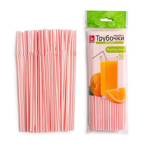 Трубочки для коктейлей гофрированные пластиковые 5х210 мм, белые с красной полоской, 50 шт., GRIFON, 105-050 - фото 8637646