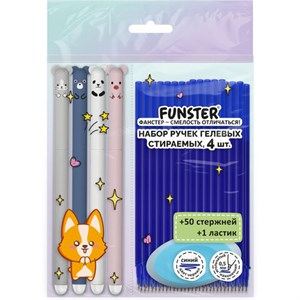 Ручки гелевые стираемые FUNSTER (ФАНСТЕР) "CUTE ANIMALS", СИНИЕ, НАБОР 4 ШТ., 50 стержней, 1 ластик, узел 0,5 мм, линия 0,35 мм, 144437 - фото 8657025