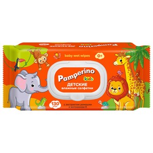 Салфетки влажные детские 130 шт, PAMPERINO, с экстрактом ромашки и вит. Е, крышка кла, 72954 - фото 8713812