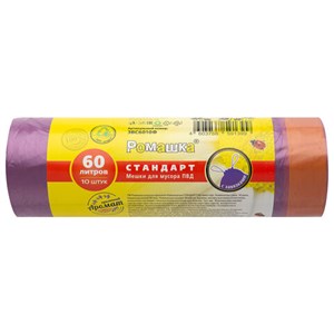 Мешки для мусора с завязками 60 л, фиолетовые, в рулоне 10 шт., ПВД 25 мкм, 60х68 см, РОМАШКА, ЗВС6010Ф - фото 8864410