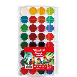 Краски акварельные BRAUBERG "МАГИЯ ЦВЕТА" 32 цвета, медовые, круглые кюветы, пенал, 192684 - фото 8916469