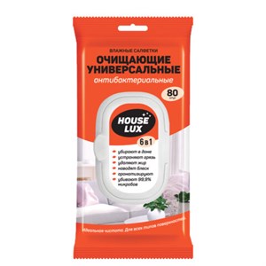 Салфетки влажные хозяйственные "УНИВЕРСАЛЬНЫЕ 6 в 1" 14,5х18 см, антибактериальные, 80 шт., HOUSE LUX, 10449 - фото 9021493