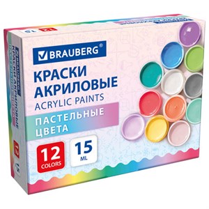 Краски акриловые ПАСТЕЛЬНЫЕ для рисования и творчества 12 цветов по 15 мл, BRAUBERG, 192694 - фото 9163466