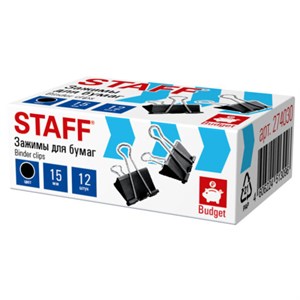 Зажимы для бумаг STAFF ECO, КОМПЛЕКТ 12 шт., 15 мм, на 45 листов, черные, картонная коробка, 274030 - фото 9163469