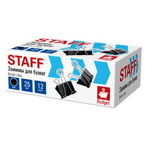 Зажимы для бумаг STAFF ECO, КОМПЛЕКТ 12 шт., 25 мм, на 100 листов, черные, картонная коробка, 274032 - фото 9163473
