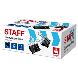 Зажимы для бумаг STAFF ECO, КОМПЛЕКТ 12 шт., 32 мм, на 140 листов, черные, картонная коробка, 274033 - фото 9163475