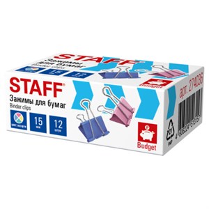 Зажимы для бумаг STAFF ECO, КОМПЛЕКТ 12 шт., 15 мм, на 45 листов, цветные, картонная коробка, 274036 - фото 9163481