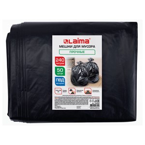 Мешки для мусора 240л черные в пласте 50 штук прочные, ПВД 40 мкм, 105x135см, LAIMA, 702685 - фото 9176721