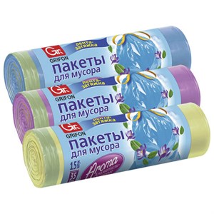 Мешки для мусора с завязками Арома 35л в рулоне 15шт, ассорти, ПНД, 53х56см, 9мкм, GRIFON, ШК0842, 101-084 - фото 9176774