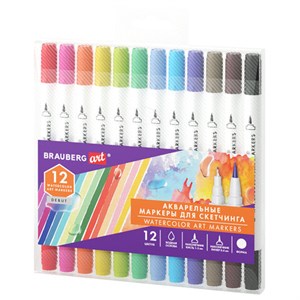 Маркеры акварельные для скетчинга двусторонние (кисть и линер) 12 цветов, BRAUBERG ART "DEBUT", 152665 - фото 9295630