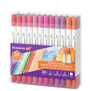 Маркеры акварельные для скетчинга двусторонние (кисть и линер) 36 цветов, BRAUBERG ART, 152666 - фото 9295631