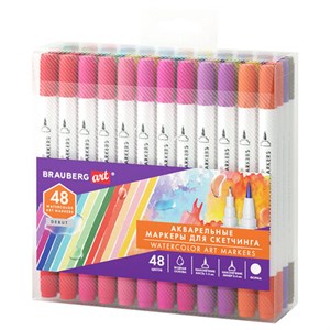 Маркеры акварельные для скетчинга двусторонние (кисть и линер) 48 цветов, BRAUBERG ART, 152667 - фото 9295632