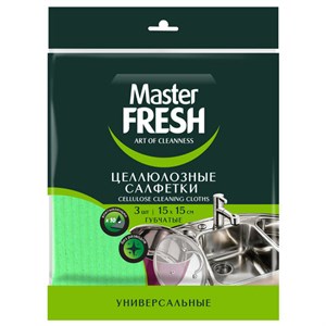 Салфетки целлюлозные (губчатые) 15х15 см, КОМПЛЕКТ 3 шт., зеленые, MASTER FRESH - фото 9577638