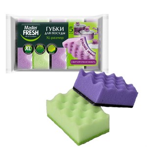 Губки для посуды 9,5х6,5 см, XL STRONG effect, КОМПЛЕКТ 5 шт., MASTER FRESH - фото 9577643
