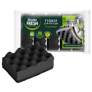 Губки для посуды 9,5х6,5 см XL STRONG effect, КОМПЛЕКТ 5 шт., черные, MASTER FRESH - фото 9577645