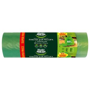 Мешки для мусора 60 л, с завязками, 70х60 см, XL, зеленые, 14 мкм, 15 шт., MASTER FRESH - фото 9577659
