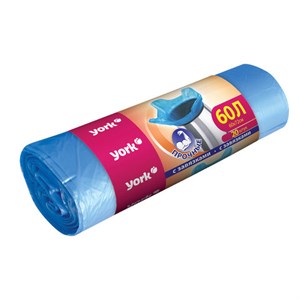 Мешки для мусора с завязками 60 л, синие, в рулоне 20 шт., ПНД, 10 мкм, YORK, 902170 - фото 9577708
