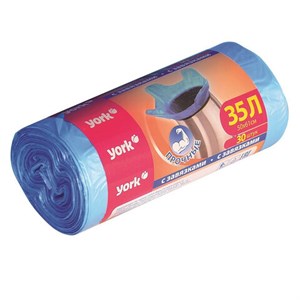 Мешки для мусора с завязками 35 л, синие, в рулоне 30 шт., ПНД, 10 мкм, YORK, 902160 - фото 9589454