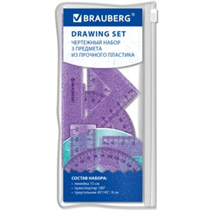 Набор чертежный BRAUBERG (линейка 15 см, треугольник, транспортир), фиолетовый, блестки, прозрачный, пенал, 210891 - фото 9639053