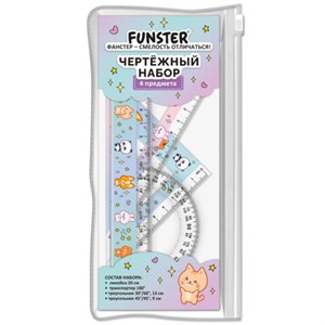 Набор чертежный FUNSTER (ФАНСТЕР), линейка 20 см, 2 треугольник, транспортир, "ЗВЕРУШКИ", пенал, 210914 - фото 9639060