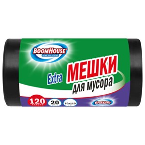 Мешки для мусора 120 л, черные в рулоне 20 штук прочные, ПВД 35 мкм, 70x110 см, серия Extra, BOOMHOUSE (БУМХАУС), 702662 - фото 9753102