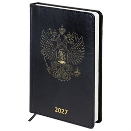 Ежедневник датированный 2027, А5, 138х213 мм, BRAUBERG "State", под кожу, черный, 118044