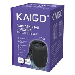 Колонка портативная KAIGO (КАЙГО) BT10T, 10 Вт, Bluetooth, USB, Micro SD, AUX, RGB, TWS, IPX7, черная, 514224