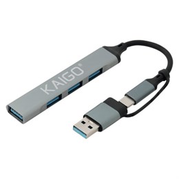 USB-хаб KG-088C, Type-C 3.2 + адаптер USB-A 3.2, высокоскоростной, 4 в 1, 1 х USB-A 3.2, 3 x USB-A 2.0, 60 мм, серый, KAIGO (КАЙГО), 355065