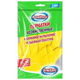 Перчатки МНОГОРАЗОВЫЕ латексные, желтые, хлопчатобумажное напыление, размер XL (очень большой), вес 32 г, BOOMHOUSE (БУМХАУС), 703081