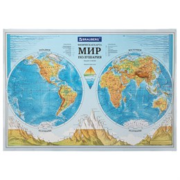 Карта мира физическая "Полушария" 101х69 см, 1:37М, интерактивная, европодвес, BRAUBERG, 112375