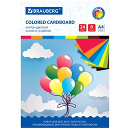 Картон цветной А4 немелованный, 24 листа 8 цветов, в папке, BRAUBERG, 200х290 мм, "Шарики", 113558