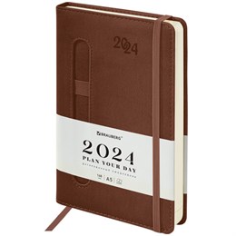 Ежедневник датированный 2024 А5 138x213 мм BRAUBERG "Optimal", под кожу, резинка-фиксатор, держатель для ручки, коричневый, 114976