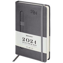 Ежедневник датированный 2024 А5 138x213 мм BRAUBERG "Optimal", под кожу, резинка-фиксатор, держатель для ручки, серый, 114977