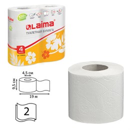 Бумага туалетная бытовая, спайка 4 шт., 2-х слойная, (4х19 м), LAIMA, белая, 126904