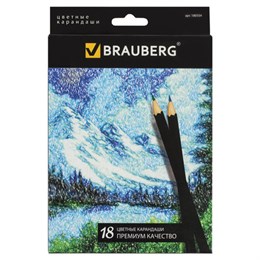 Карандаши цветные BRAUBERG "Artist line", 18 цветов, черный корпус, шестигранные, грифель 3 мм, натуральное дерево, 180554