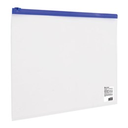 Папка-конверт на молнии А4 (230х333 мм), прозрачная, молния синяя, 0,11 мм, BRAUBERG, 221010