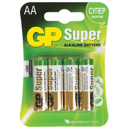 Батарейки КОМПЛЕКТ 4 шт., GP Super, AA (LR6, 15А), алкалиновые, пальчиковые, блистер