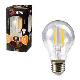 Лампа светодиодная филаментная ЭРА, 5 (40) Вт, цоколь E27, груша, теплый белый свет, 30000 ч., F-LED А60-5w-827-E27