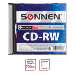 Диск CD-RW SONNEN, 700 Mb, 4-12x, Slim Case (1 штука), 512579