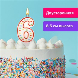 Свеча-цифра для торта "6" ДВУСТОРОННЯЯ с конфетти, 8,5 см, ЗОЛОТАЯ СКАЗКА, держатель, блистер, 591399