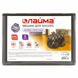 Мешки для мусора 240 л, черные, в пачке 5 шт., особо прочные, ПВД 60 мкм, 90х140 см, LAIMA, 601394