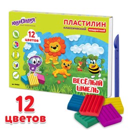 Пластилин классический ЮНЛАНДИЯ "ВЕСЁЛЫЙ ШМЕЛЬ", 12 цветов, 204 г, СО СТЕКОМ, КВАДРАТНЫЙ, 104823