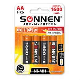 Батарейки аккумуляторные Ni-Mh пальчиковые КОМПЛЕКТ 4 шт., АА (HR6) 1600 mAh, SONNEN, 455605
