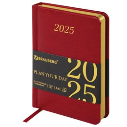 Ежедневник датированный 2025 МАЛЫЙ ФОРМАТ 100х150 мм А6, BRAUBERG "Iguana", под кожу, красный, 115745
